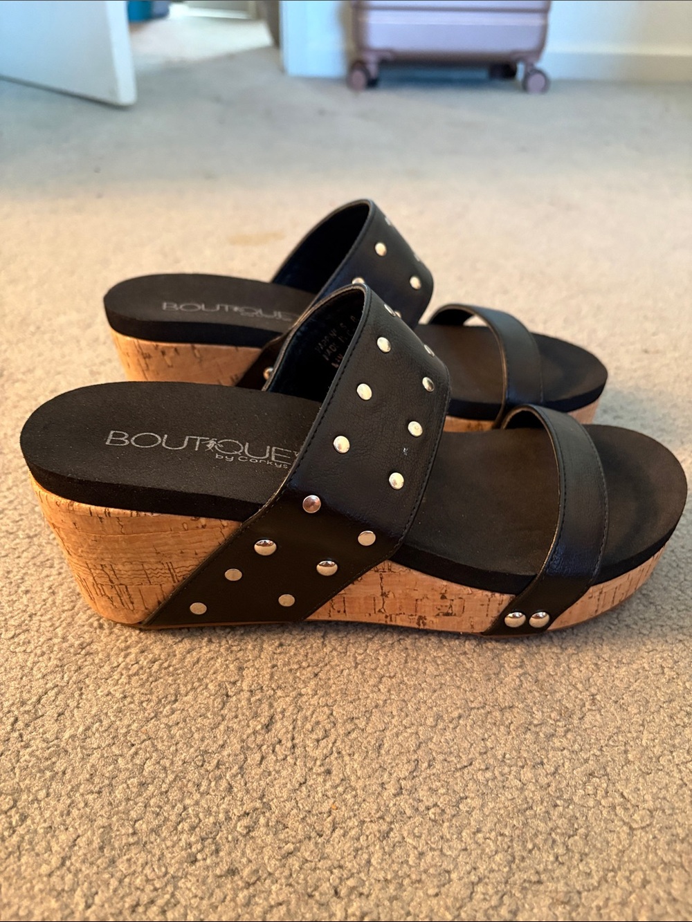 Black Studded Cork-Wedge Slide Sandals 8